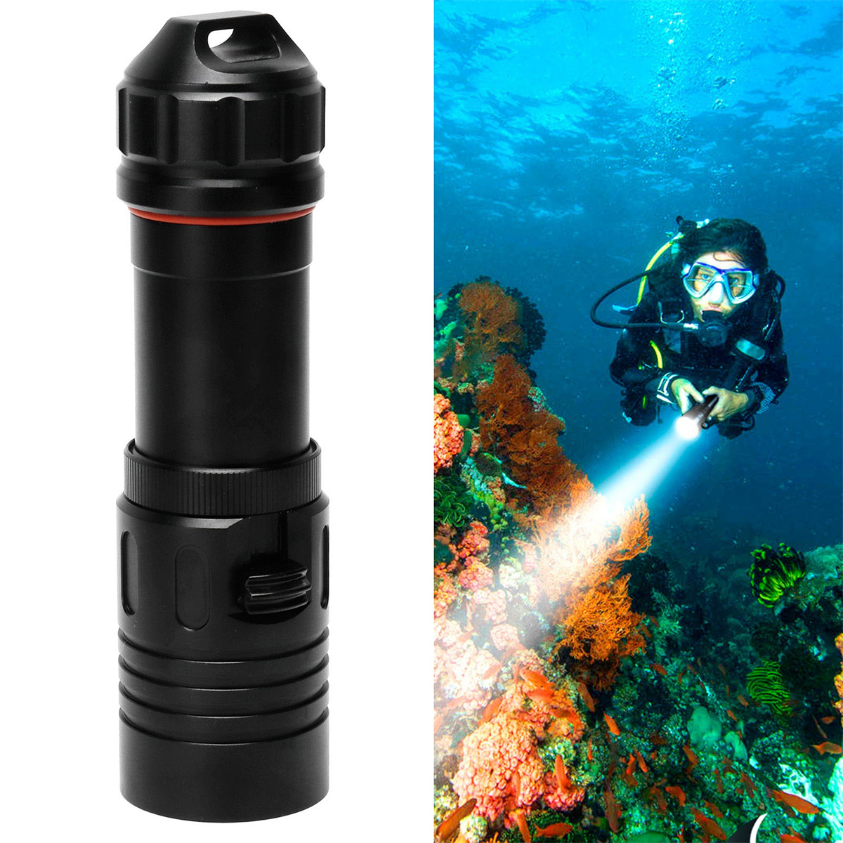 Schwarze Unterwasser-Taschenlampe mit Taucher im Hintergrund, die ein Korallenriff erkundet.