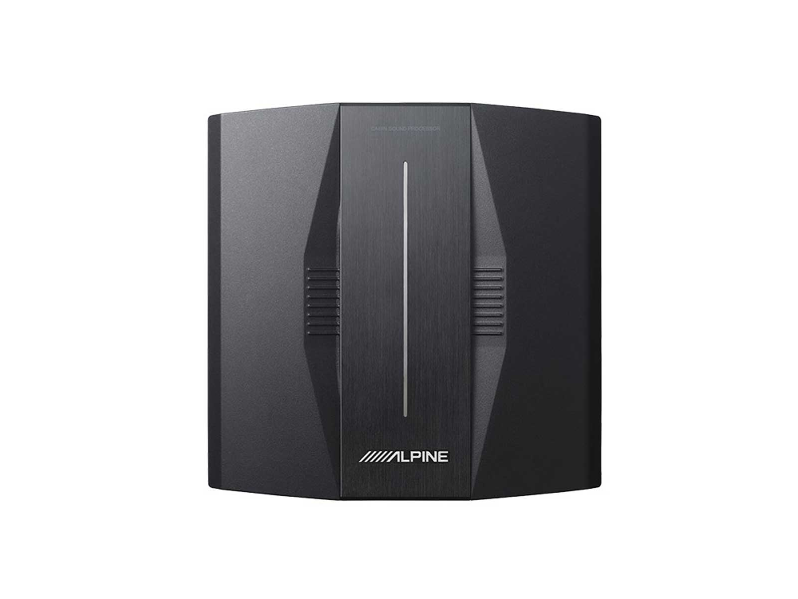 Ein schwarzer Soundprozessor mit Alpine-Logo, auf weißem Hintergrund.