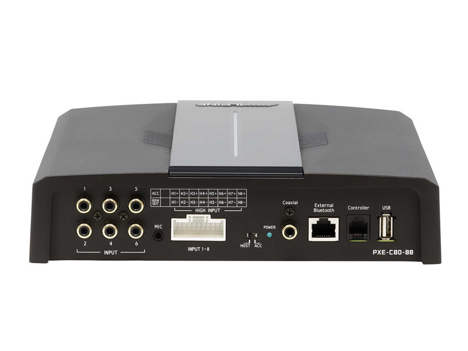 Schwarzer Audioverstärker mit mehreren Ein-/Ausgangsanschlüssen und USB-Anschluss.