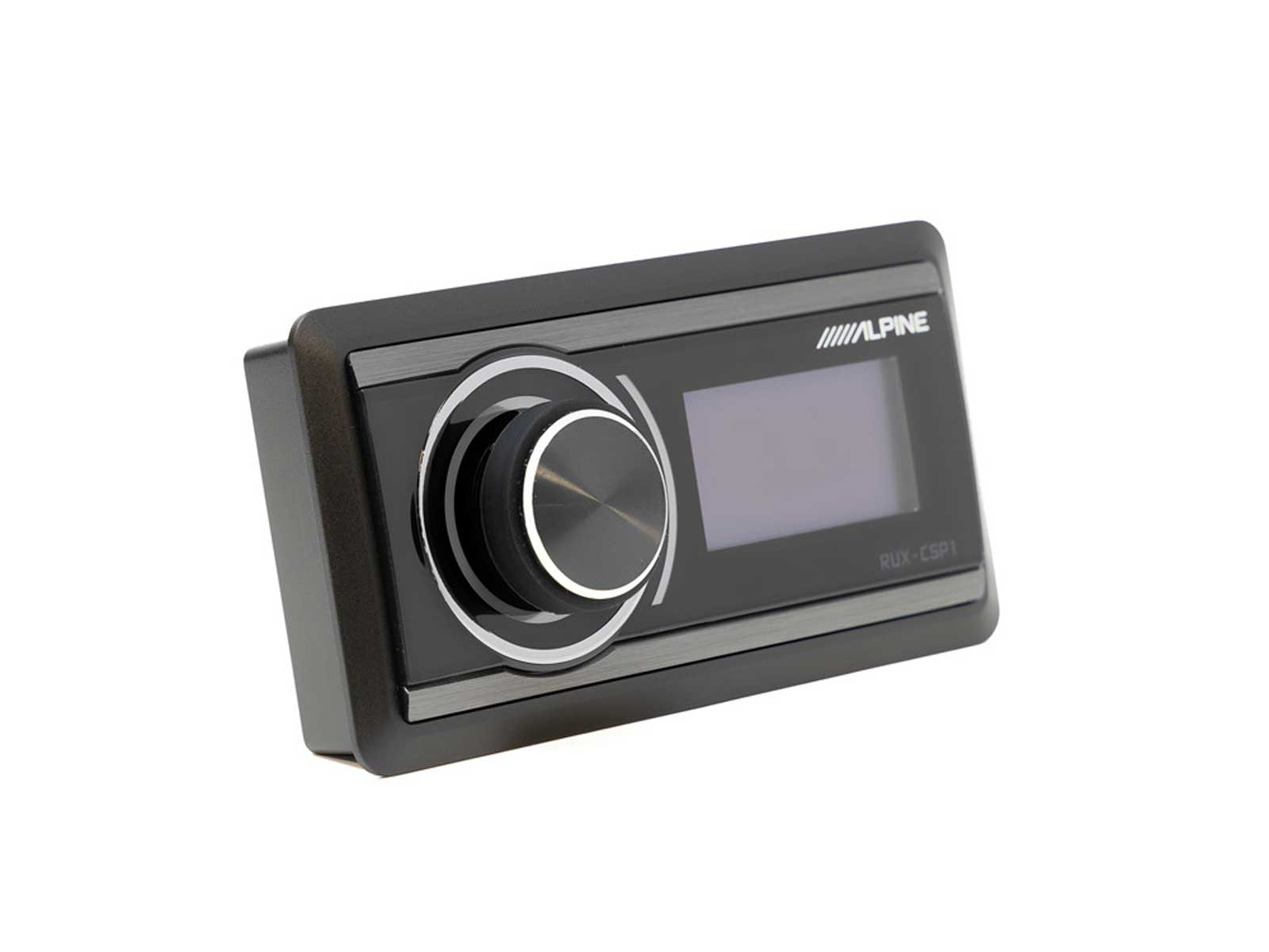 Schwarzes Autoradio-Bedienfeld mit Drehknopf und Display.