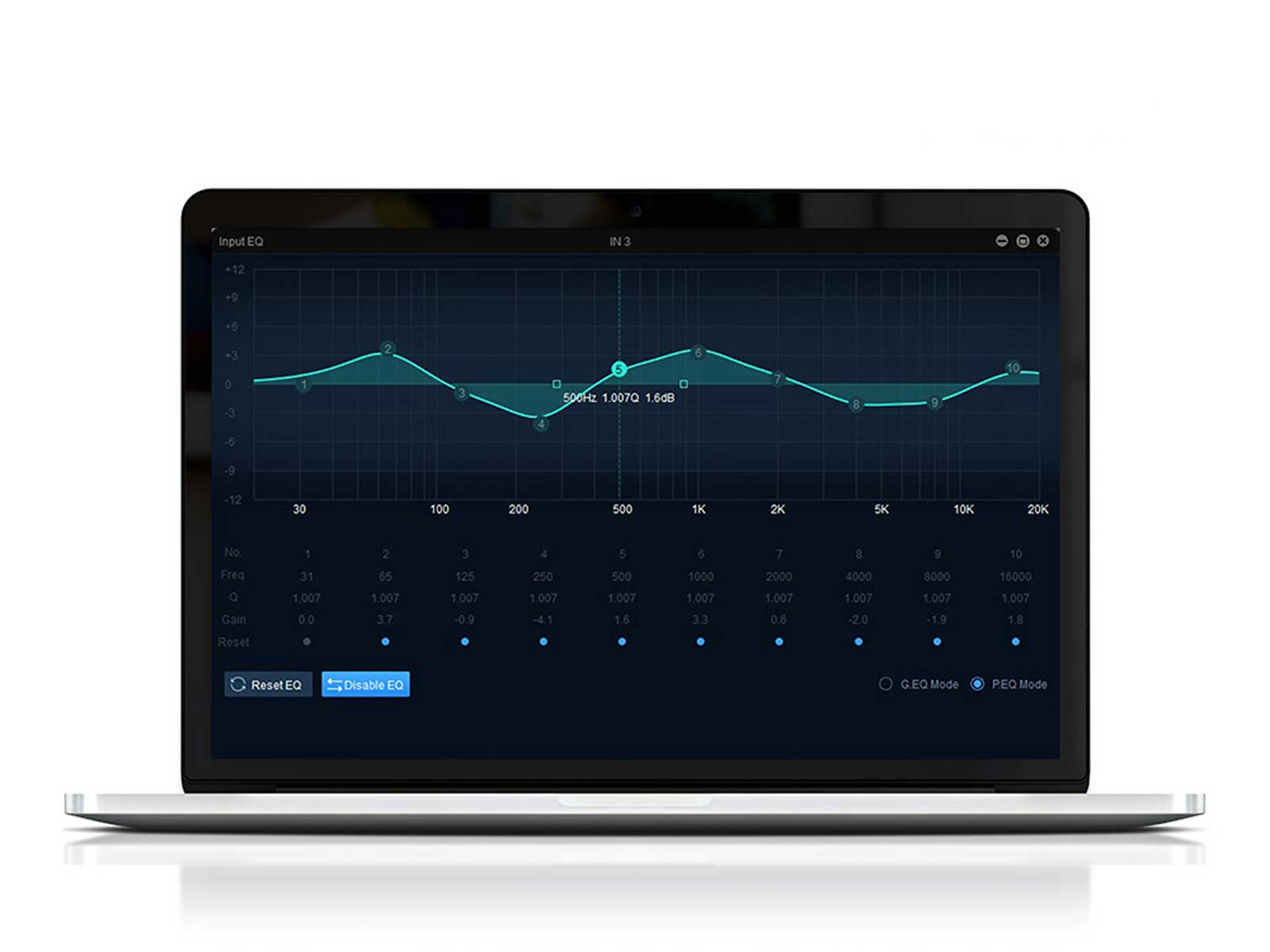 Laptop-Bildschirm mit EQ-Diagramm, Schiebereglern und Einstellungen. Weißer Hintergrund.