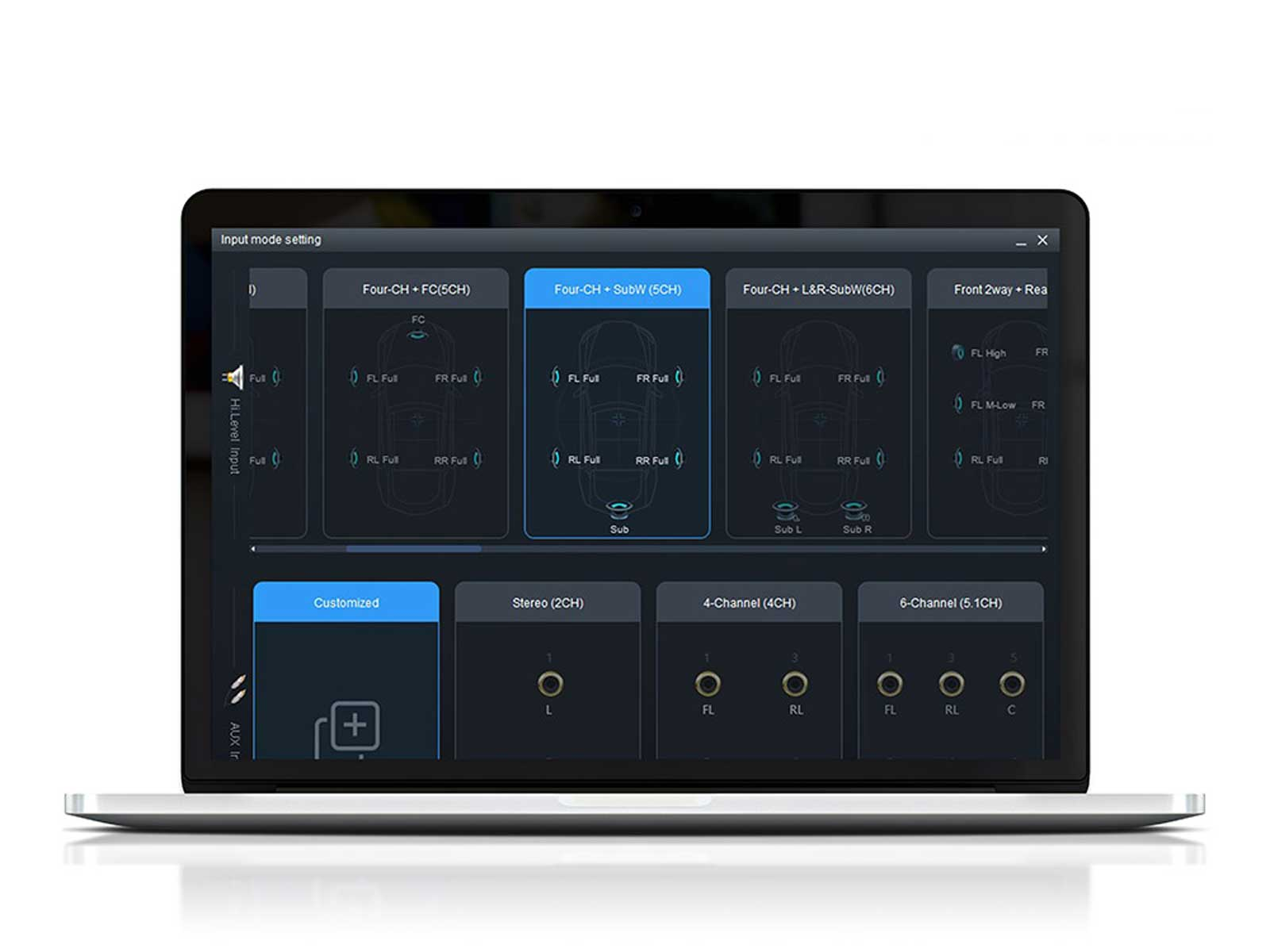 Ein Laptop-Bildschirm, der eine Benutzeroberfläche für ein Auto-Audiosystem mit verschiedenen Eingangsmoduseinstellungen anzeigt.