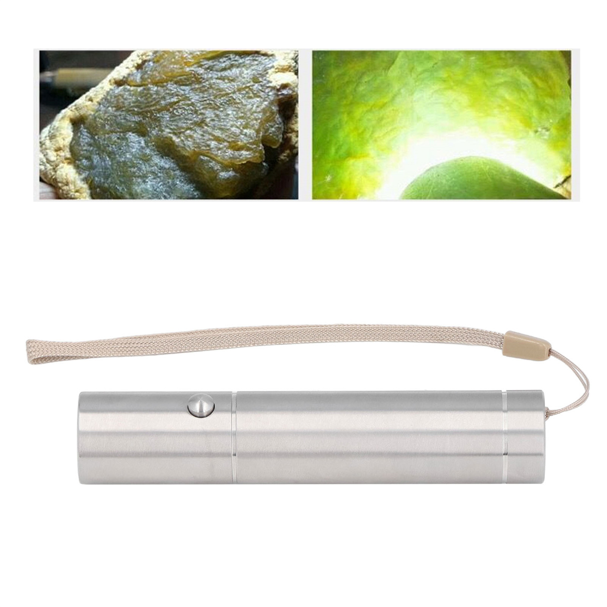 Zwei Steinproben und eine silberne Taschenlampe mit braunem Riemen.