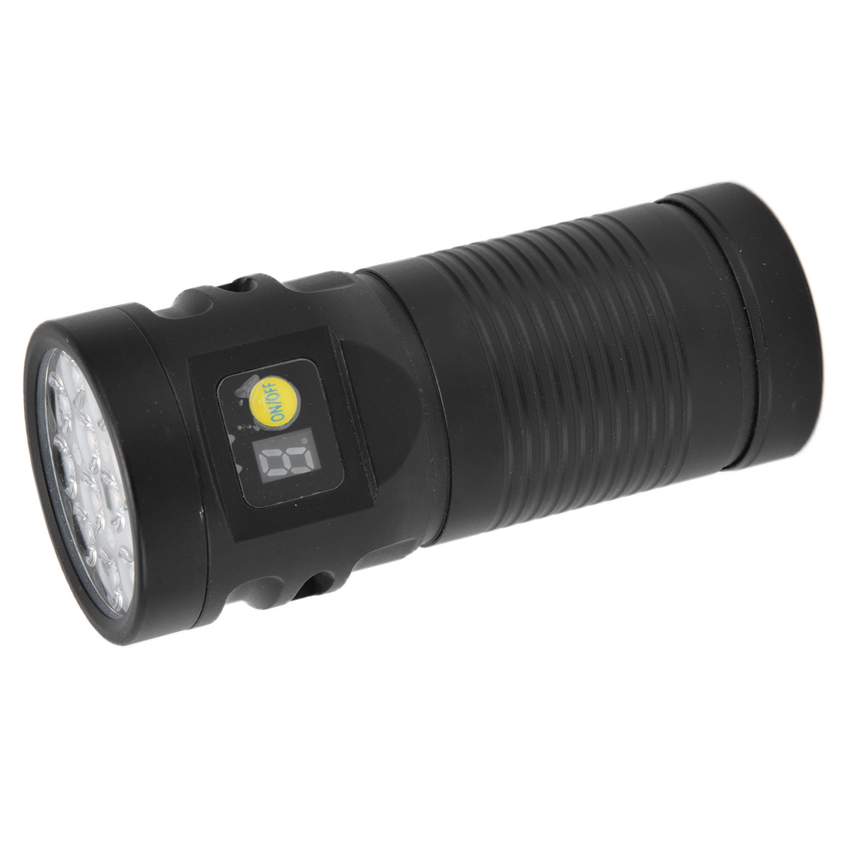 Eine schwarze Taschenlampe mit digitaler Anzeige und Ein-/Aus-Taste.