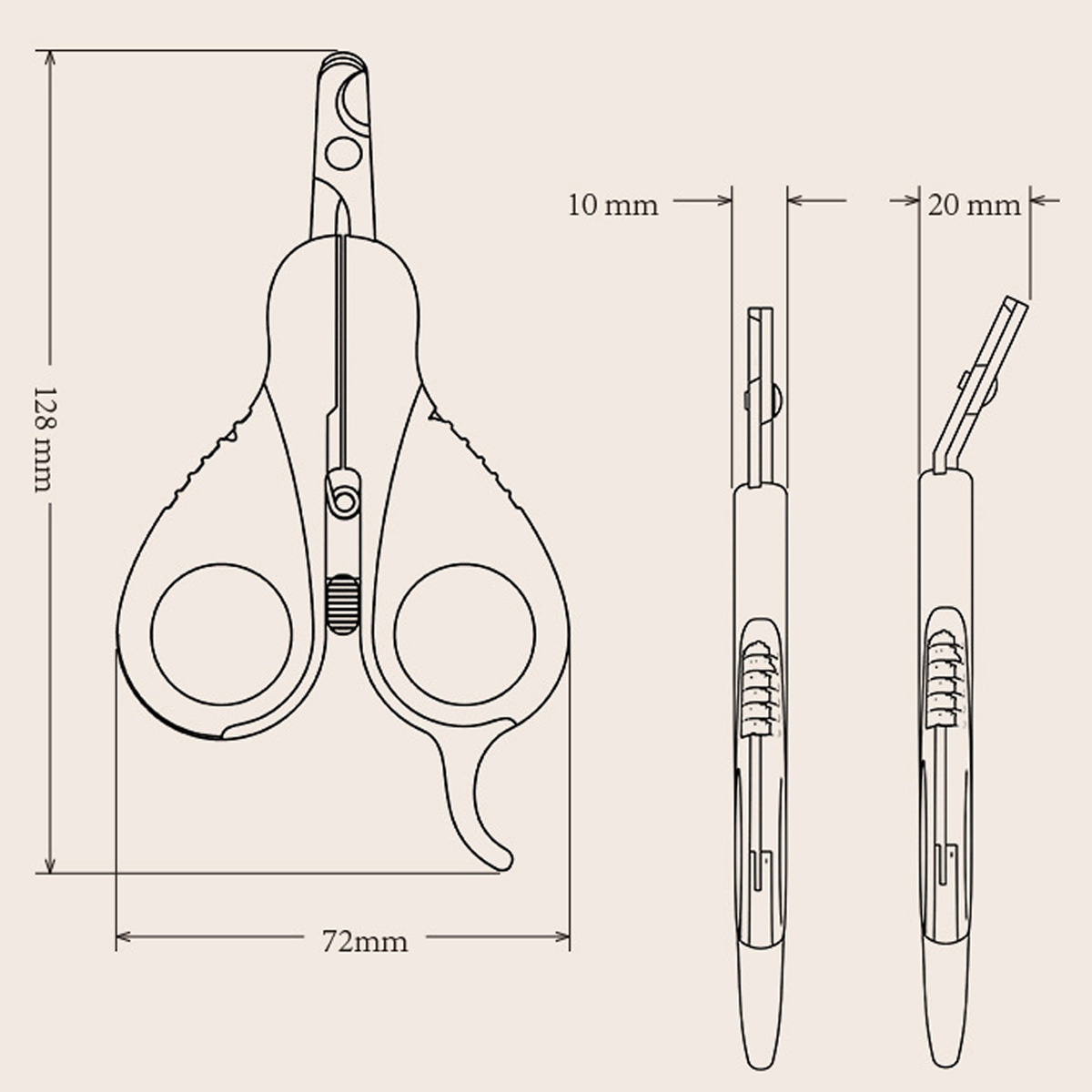 Diagramm von Haustier-Nagelscheren, mit Abmessungen und Seitenansicht.