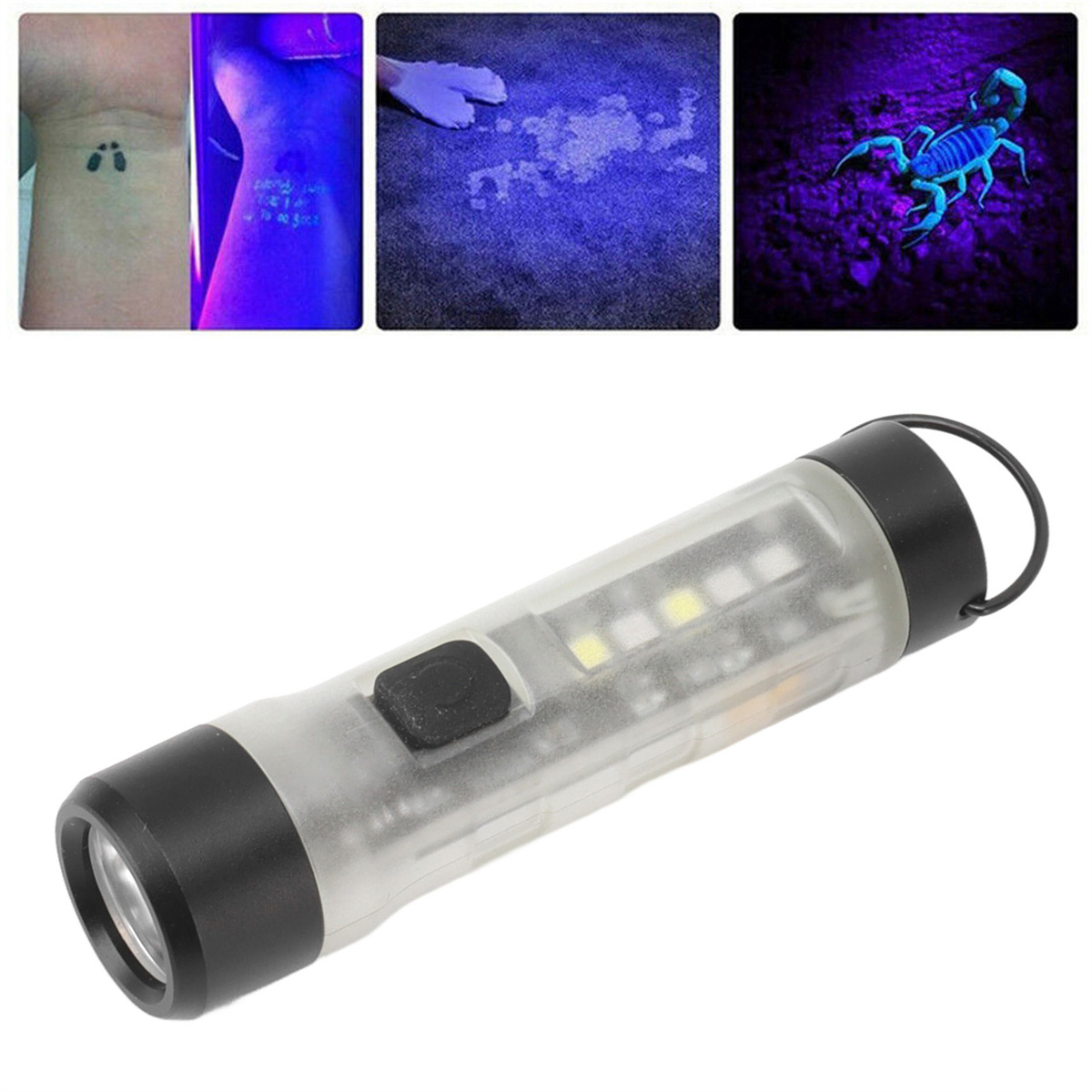 UV-Taschenlampe mit Bildern von Tätowierungen, Stoff und einem Skorpion unter UV-Licht.