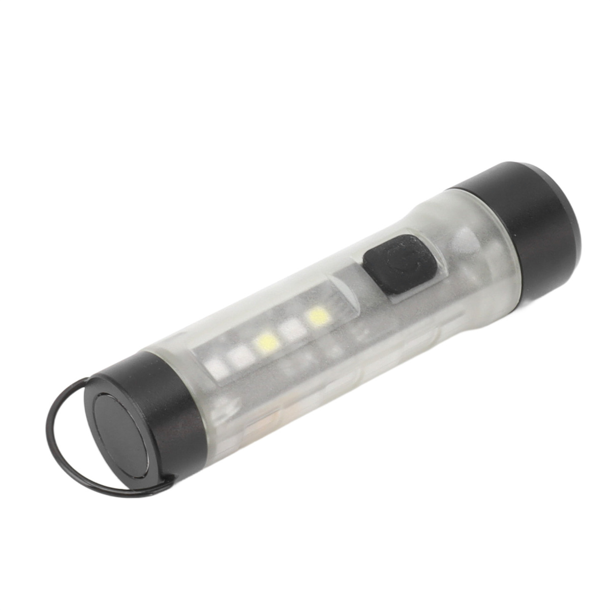 Eine transparente Taschenlampe mit schwarzen Enden und einem schwarzen Knopf. Im Inneren befinden sich kleine Lichter und eine schwarze Schlaufe.