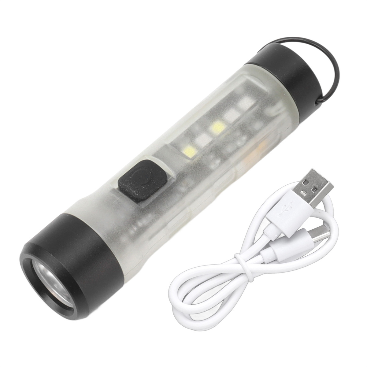 Transparente Plastik-Taschenlampe mit Ladekabel und schwarzem Knopf oben.