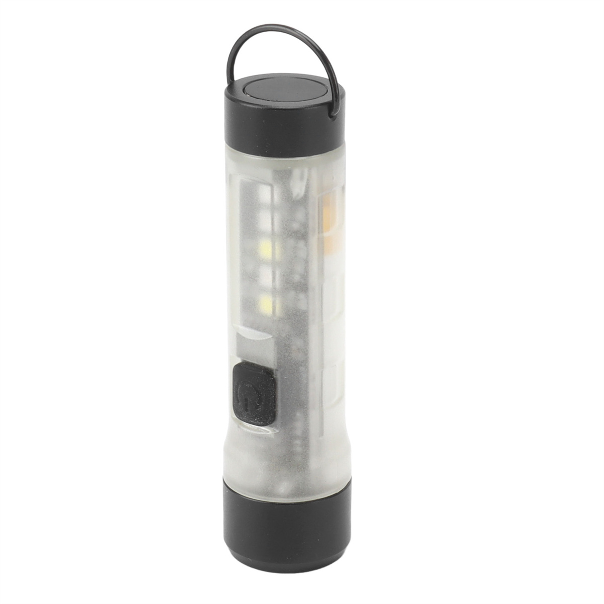 Transparente Taschenlampe mit schwarzem Griff und Schlaufe. Knöpfe und LEDs innen sichtbar.