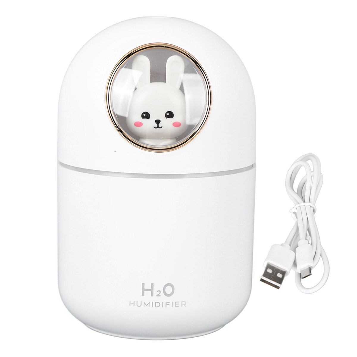 Weißer Luftbefeuchter mit Hase in transparentem Bereich und USB-Kabel rechts.