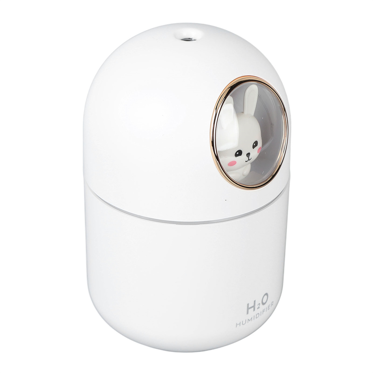 Ein weißer Luftbefeuchter mit einem Häschen in einem Fenster, mit 'H2O HUMIDIFIER' darauf.