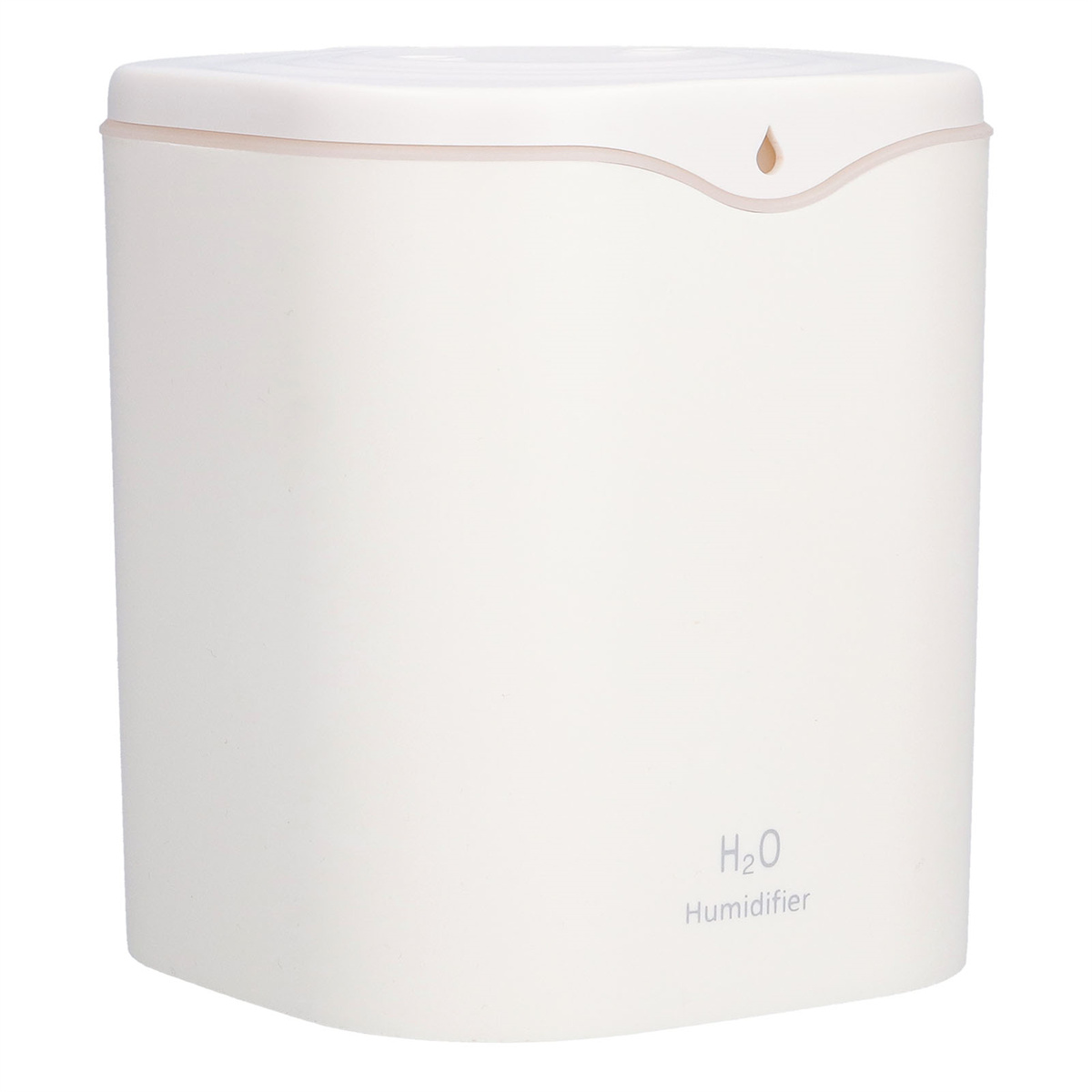 Ein weißer quadratischer Luftbefeuchter mit abgerundeter Oberseite. Das Wort H2O und Humidifier sind aufgedruckt.