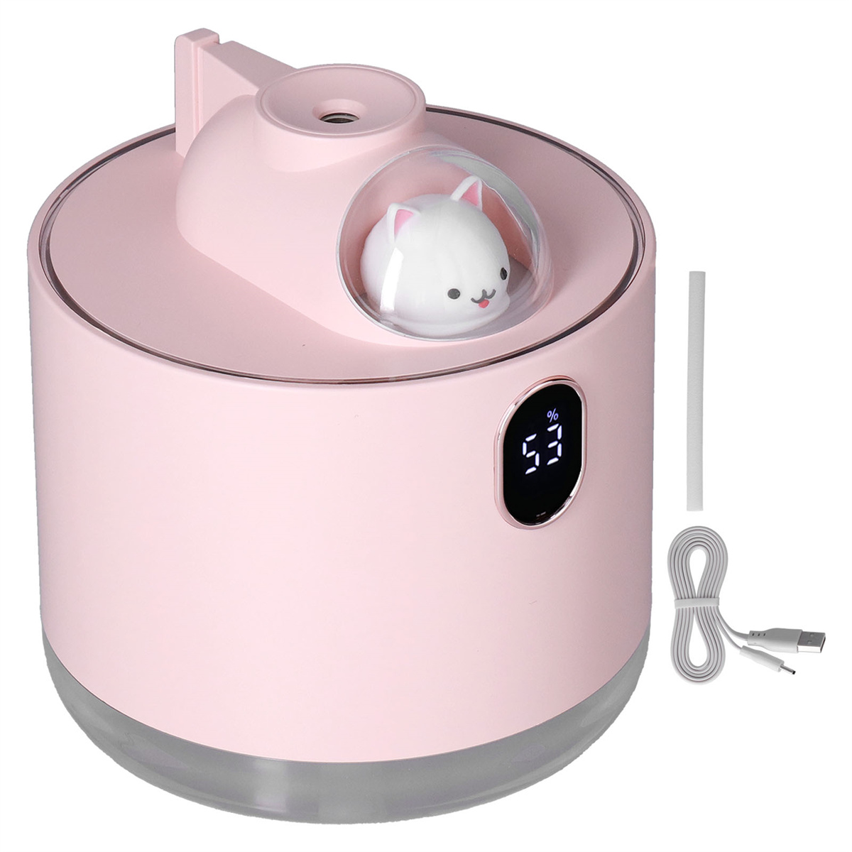 Ein rosa Luftbefeuchter mit einer katzenförmigen Leuchte und einer Digitalanzeige mit 53 %. Inklusive USB-Kabel.