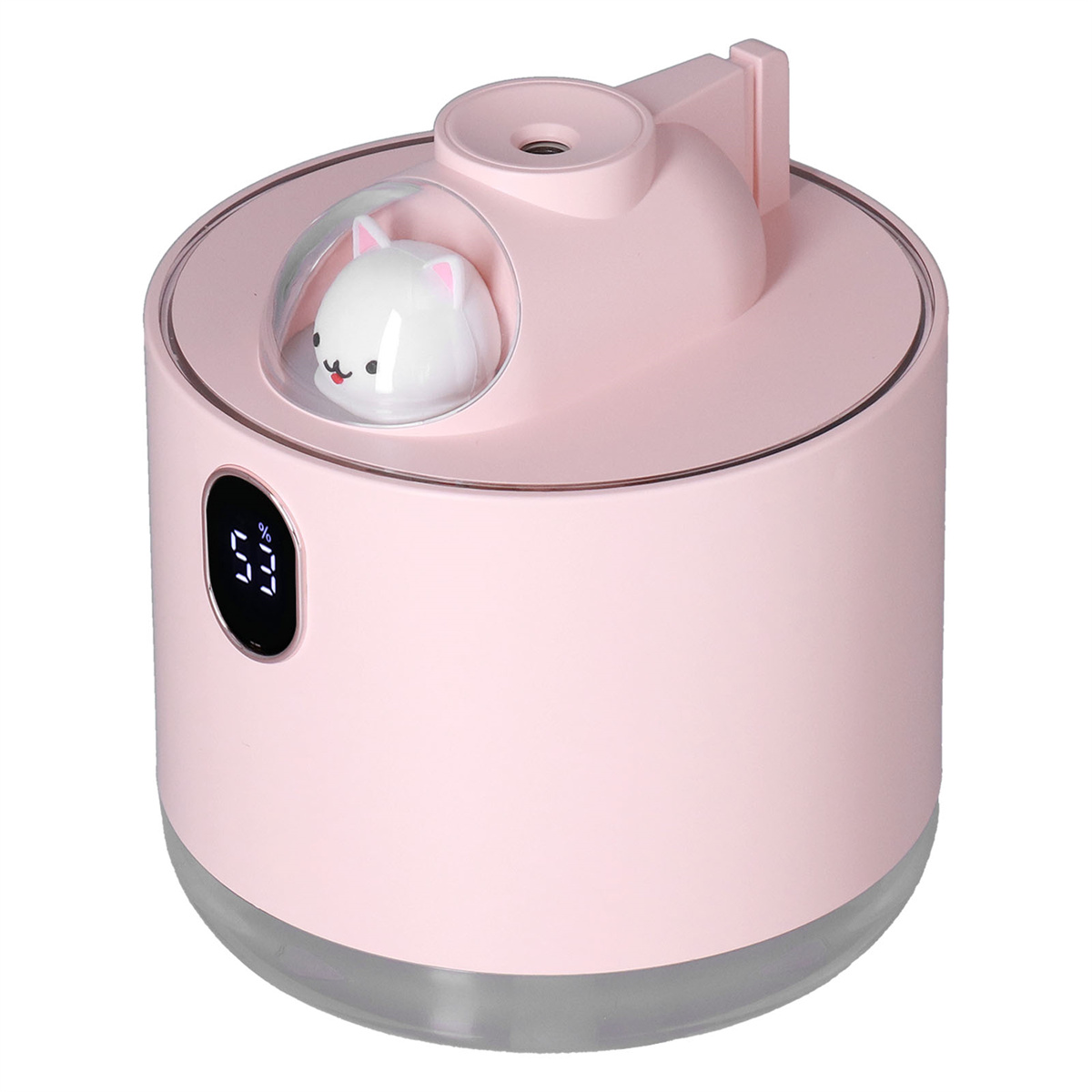 Ein rosa Luftbefeuchter mit einer Katzenfigur im Inneren und digitaler Anzeige.