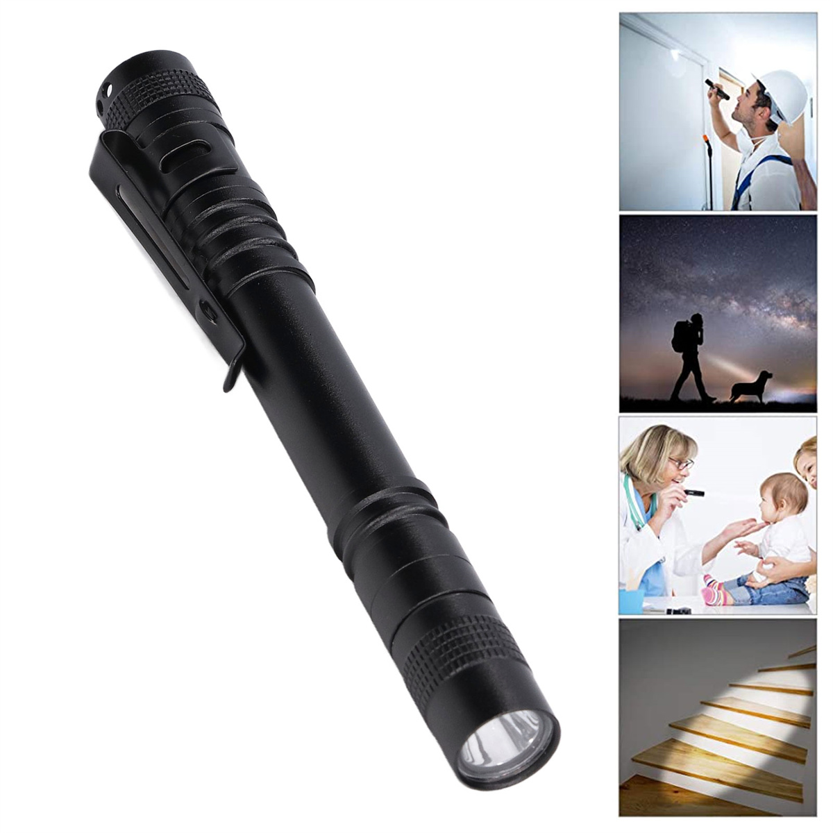 Schwarze Taschenlampe mit Bildern von verschiedenen Anwendungen wie Suchen oder medizinischer Verwendung.