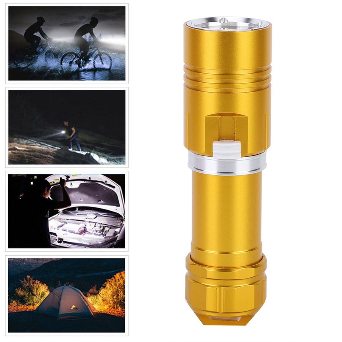 Goldene Taschenlampe mit Bildern von Menschen, die sie nachts und im Dunkeln benutzen.