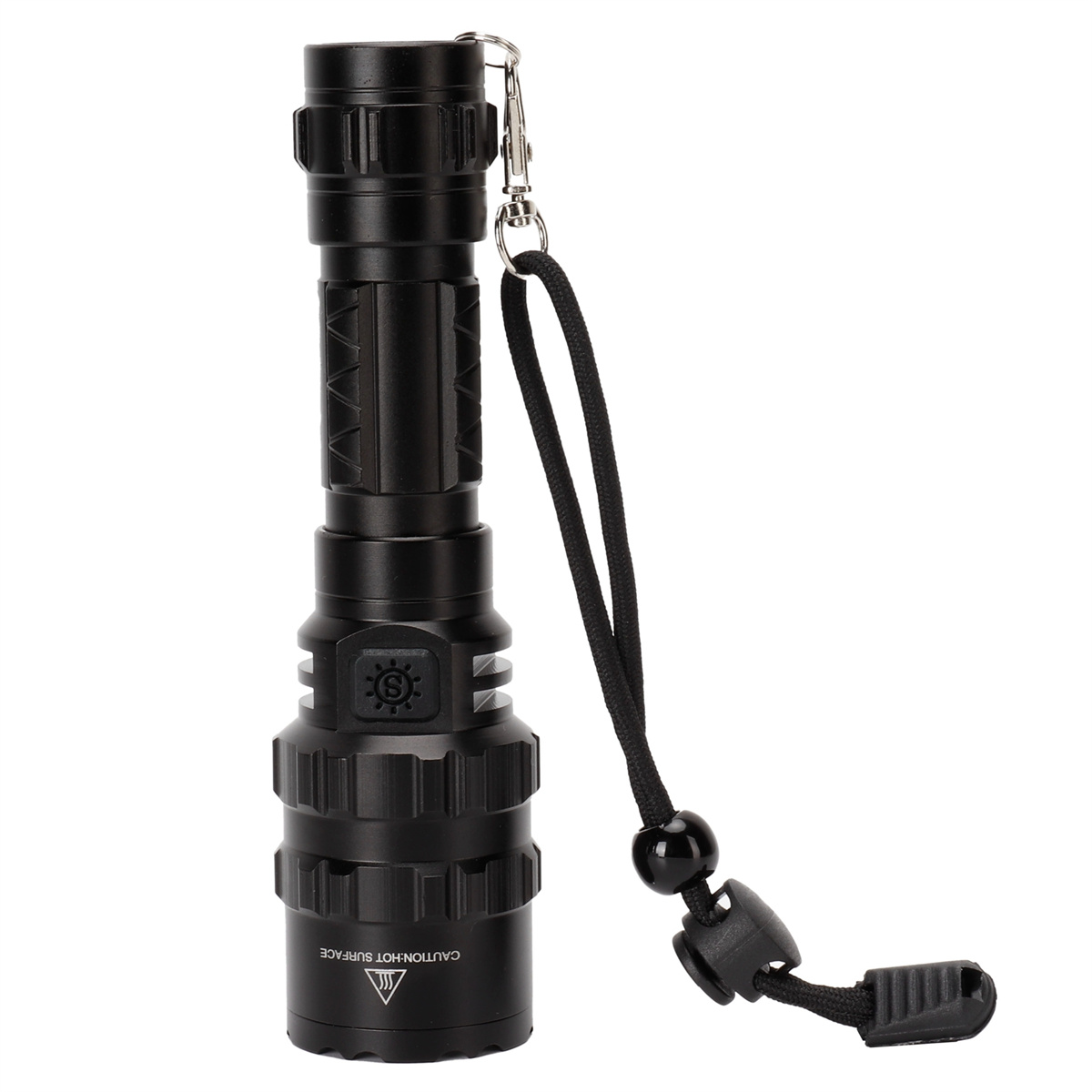 Schwarze Taschenlampe mit schwarzem Riemen, Metallclip. Weißer Hintergrund.