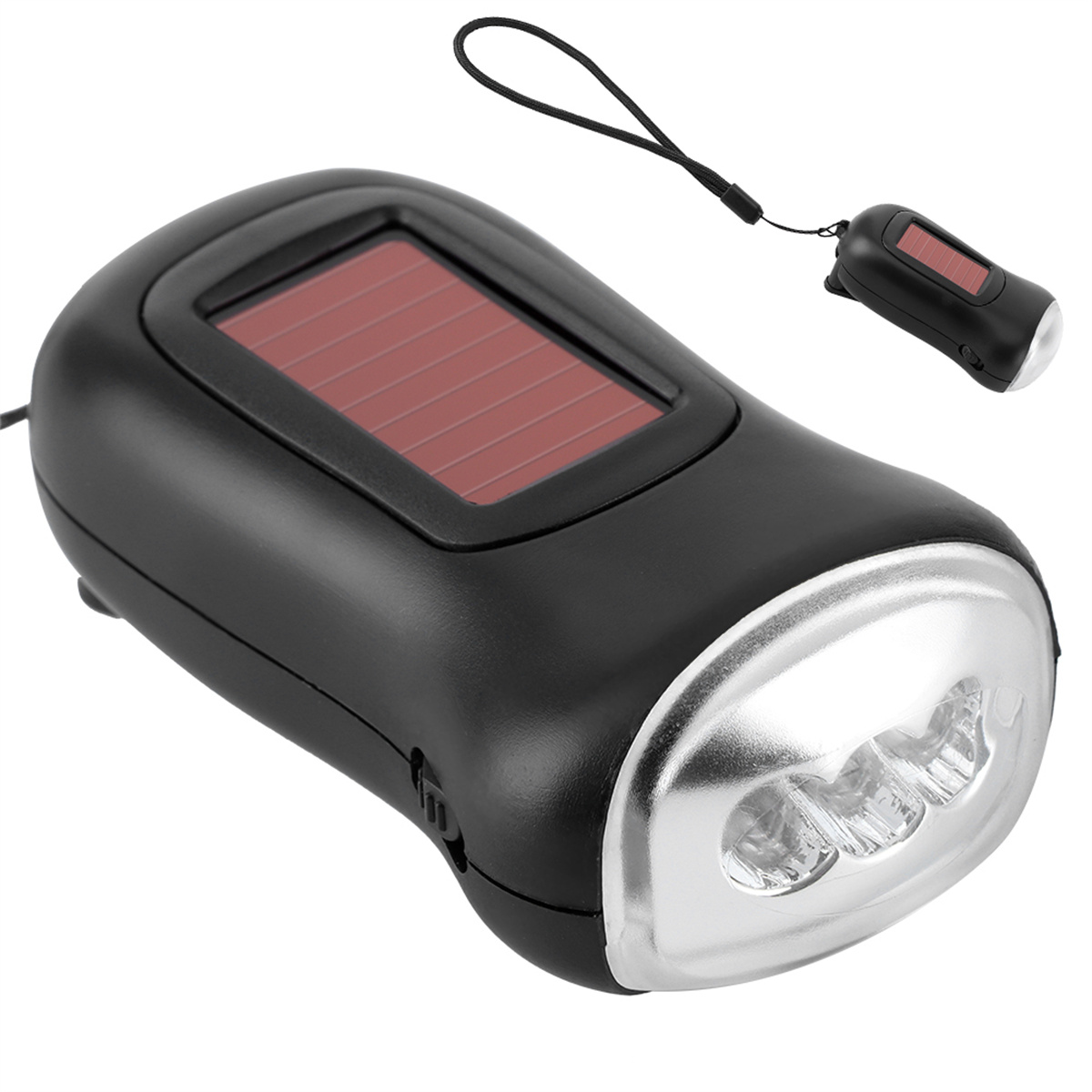 Schwarze Solar-Taschenlampe mit rotem Solarpanel und kleiner Taschenlampe. Ein schwarzer Riemen ist angebracht.