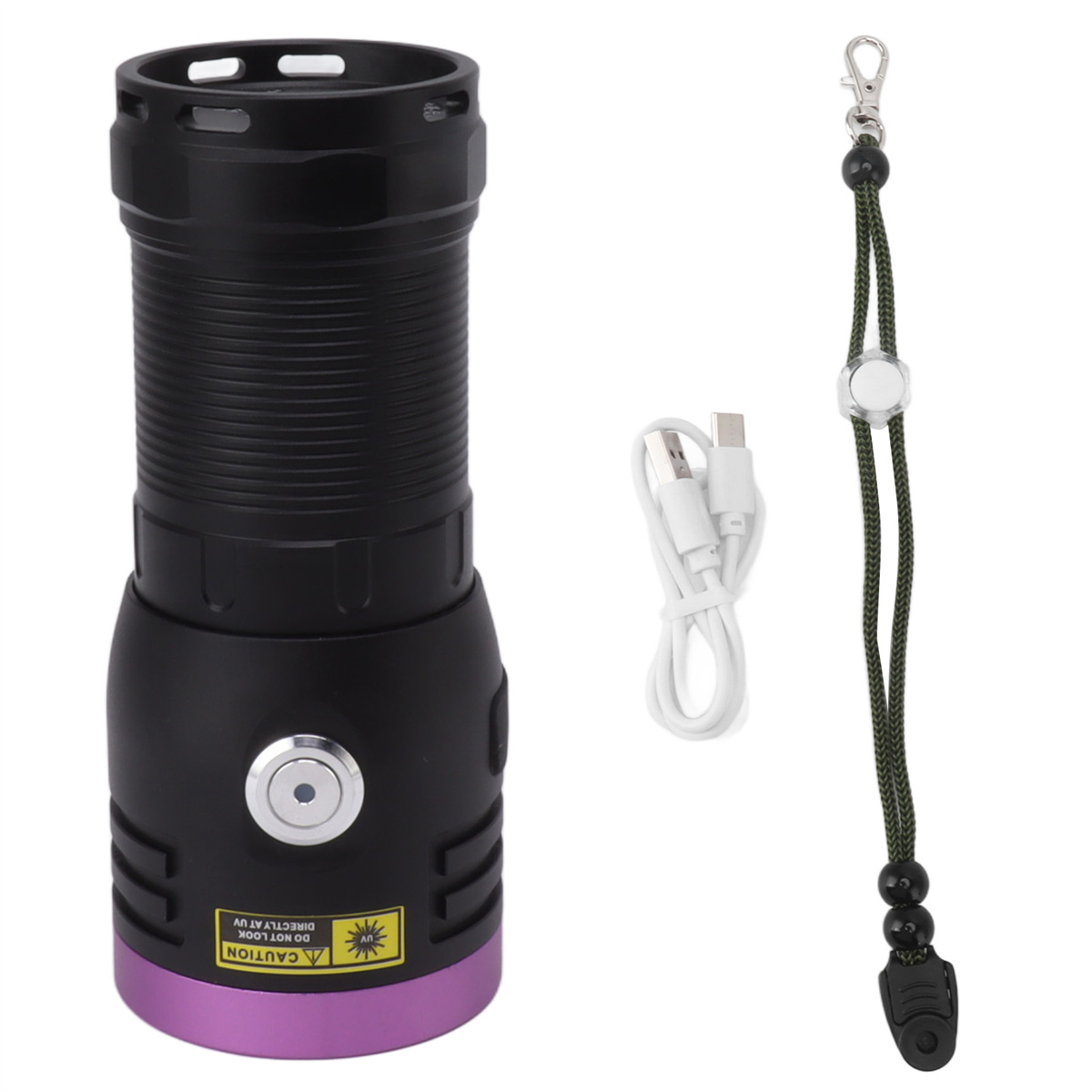 Schwarze und violette Taschenlampe mit weißem USB-Kabel und Umhängeband.