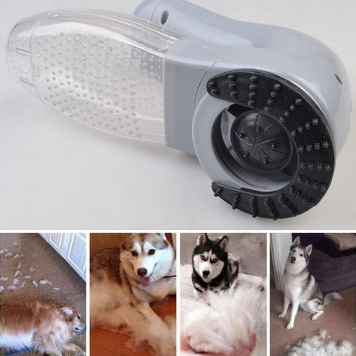 Tierhaarentferner mit Bildern zur Fellpflege von Hunden.