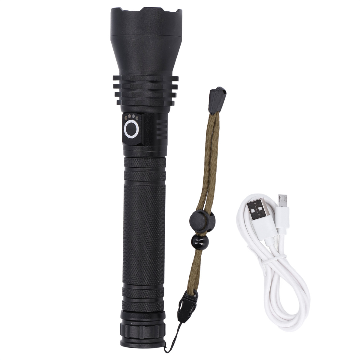 Schwarze Taschenlampe mit Trageschlaufe und weißem Ladekabel.