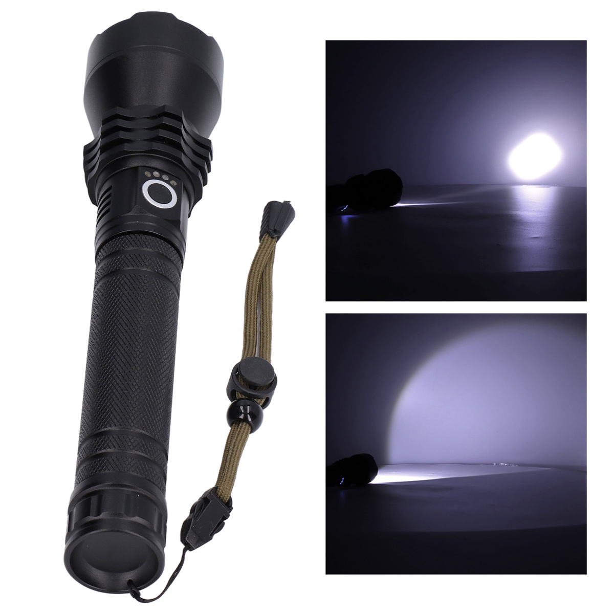 Schwarze Taschenlampe mit Riemen und drei Lichtstrahlanzeigen vor weißem Hintergrund.