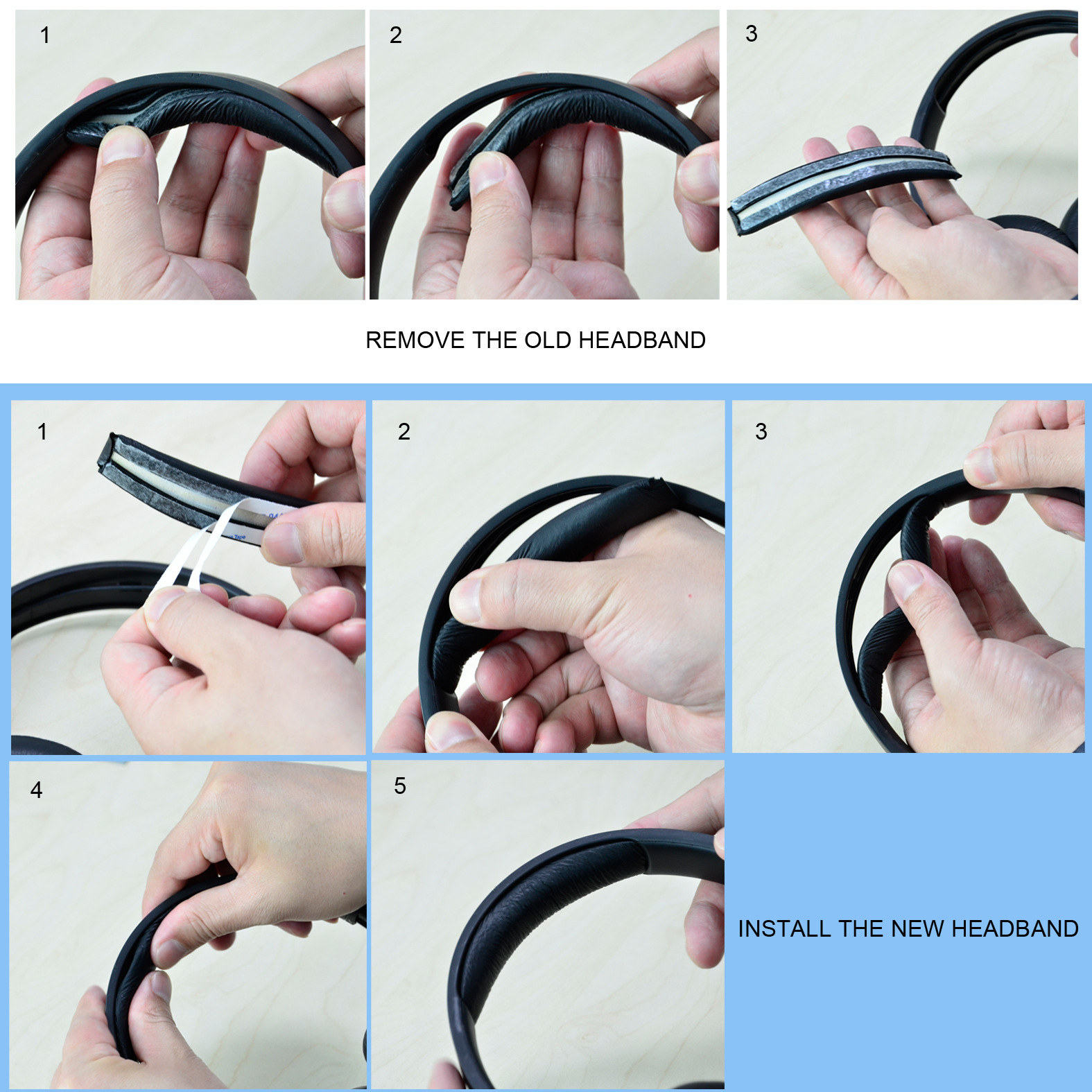 Sekwencja pokazująca, jak usunąć i założyć pałąk słuchawek. Dłonie manipulują pałąkiem.