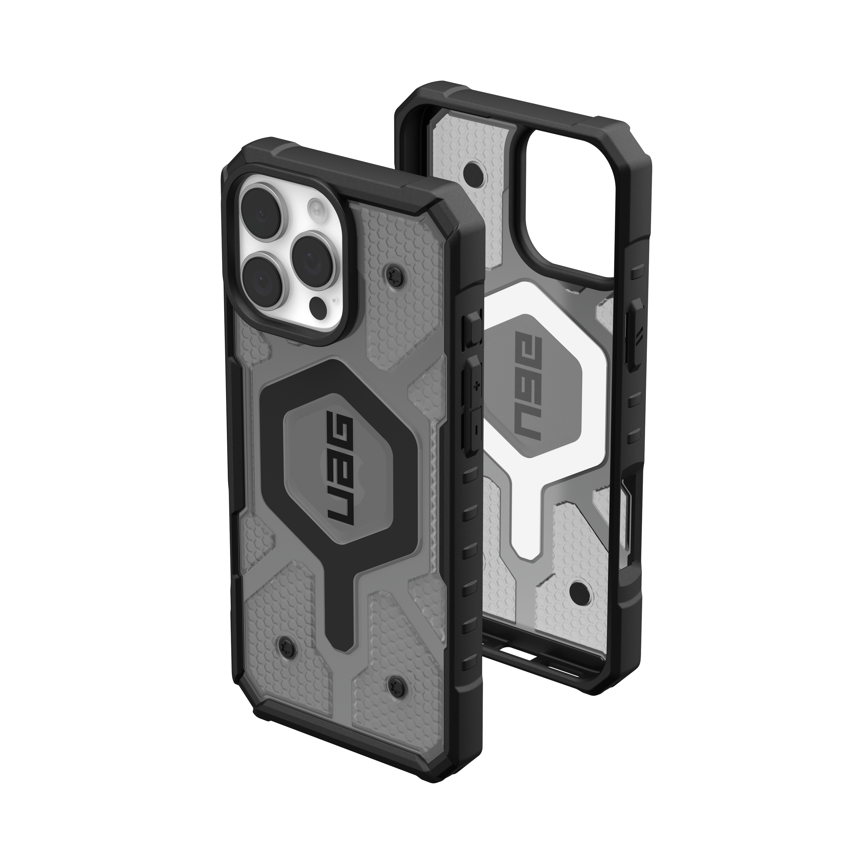Due custodie per telefono nere e grigie con il logo UAG.