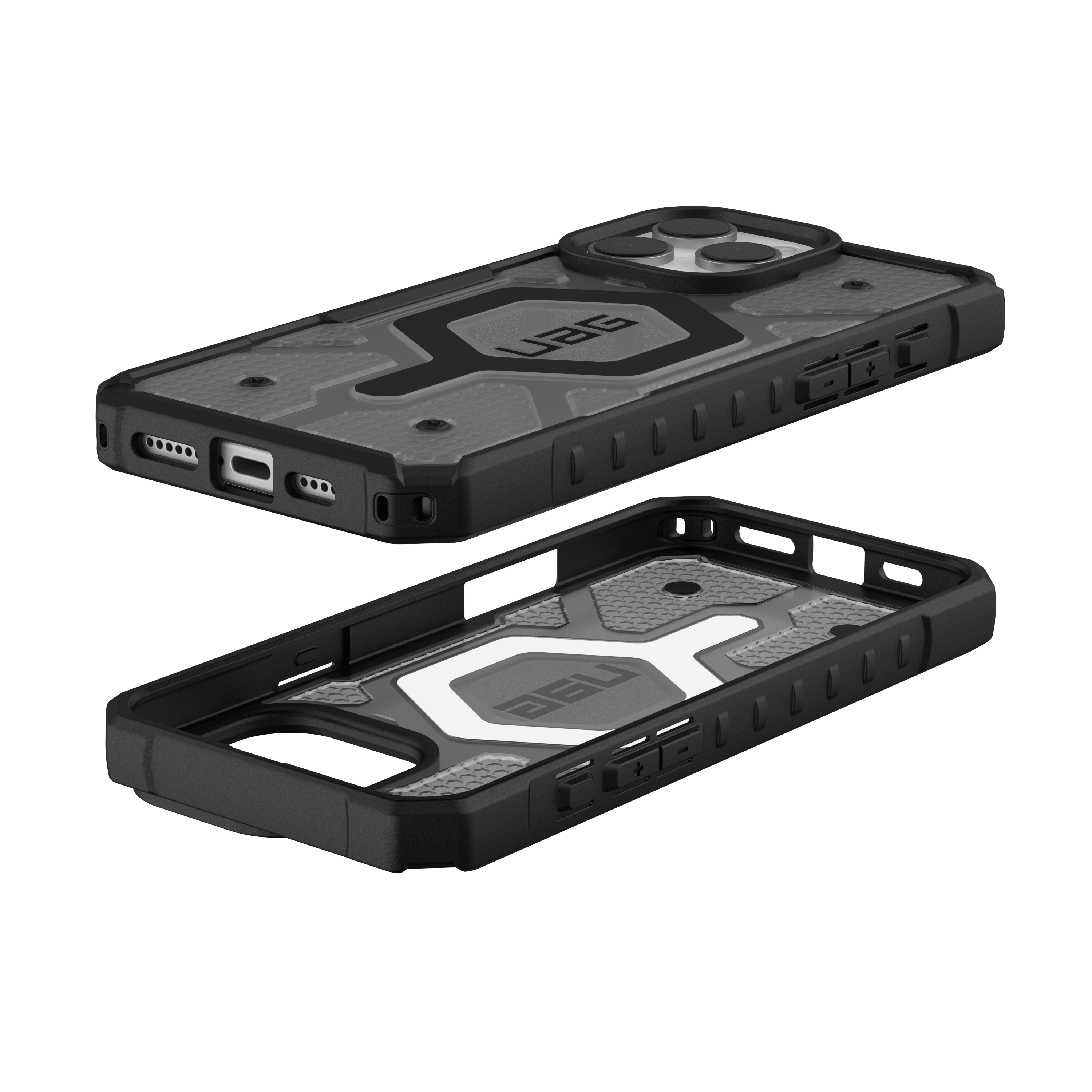 Custodia per telefono nera, con due parti. Ha un design robusto e un logo UAG.