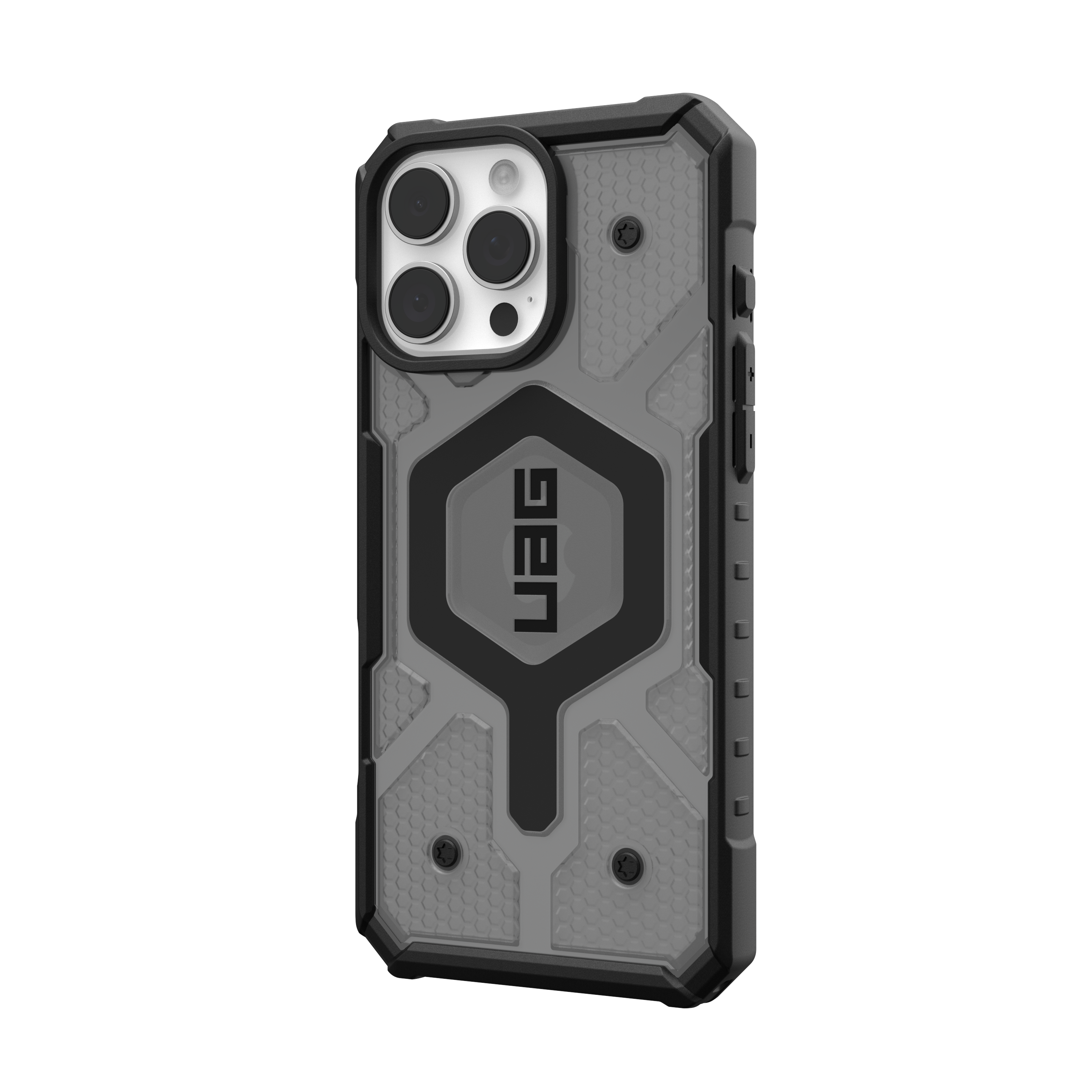 Custodia per telefono grigia e nera con logo UAG. Sfondo nero.