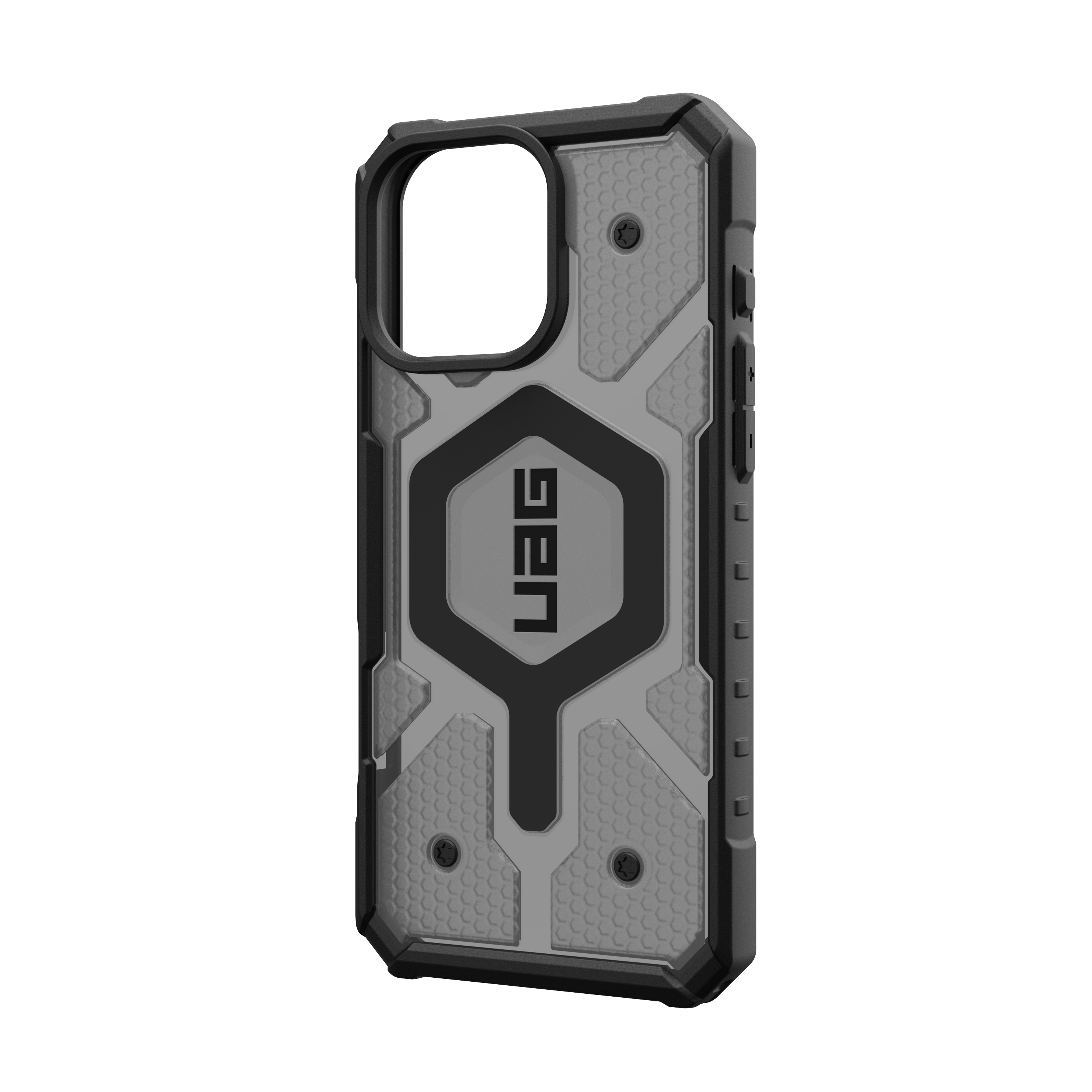 Custodia per telefono grigia e nera con logo UAG, progettata con un motivo geometrico robusto.