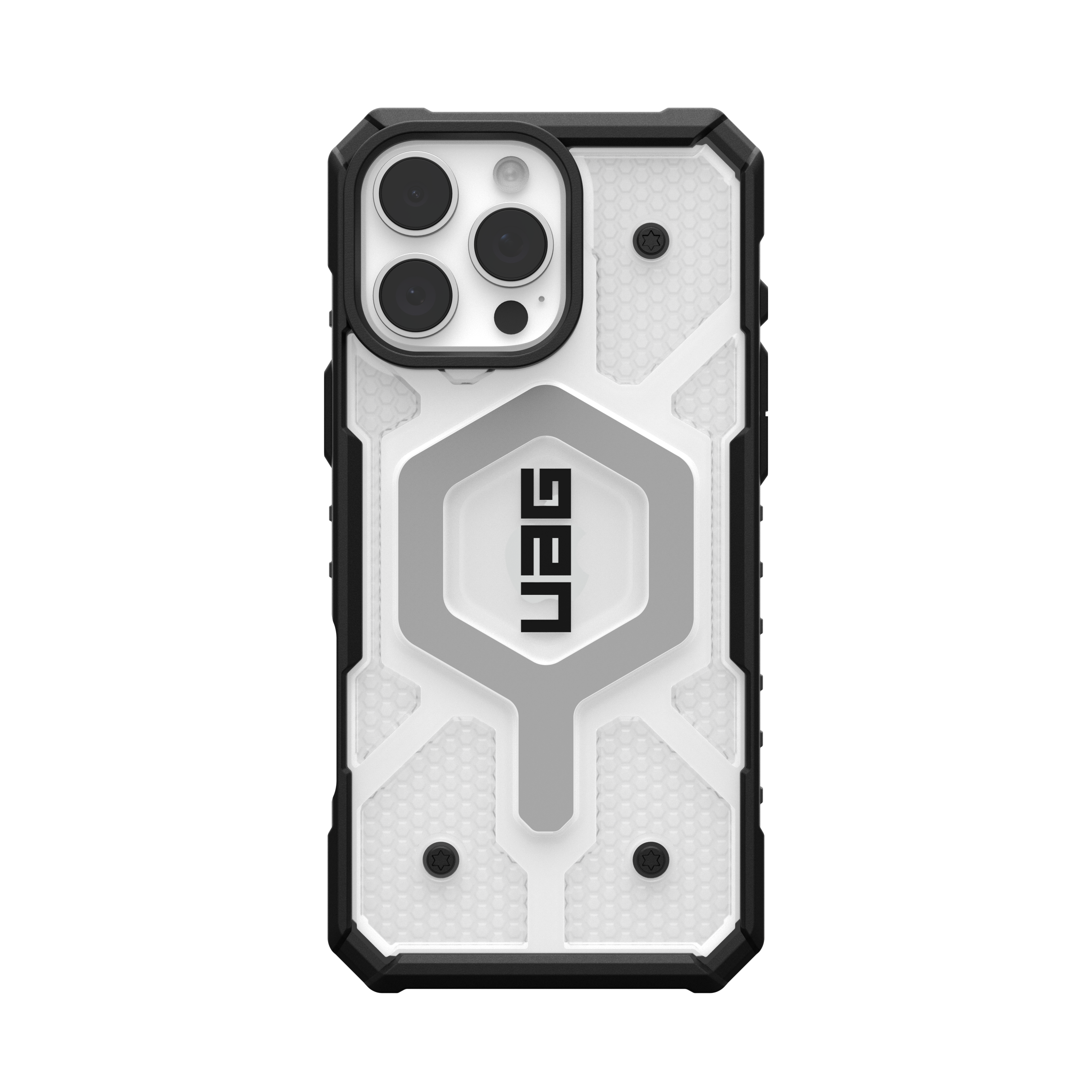 Custodia per telefono in bianco e nero con ritagli per fotocamera e logo UAG. Sfondo nero.