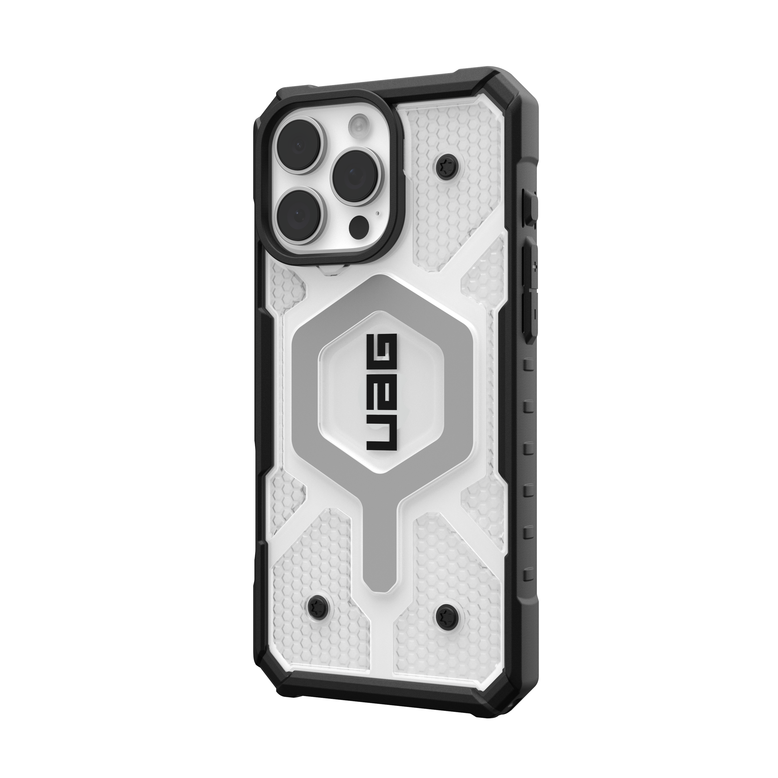 Custodia per telefono bianca e nera con logo UAG. Motivo a nido d'ape con viti nere.