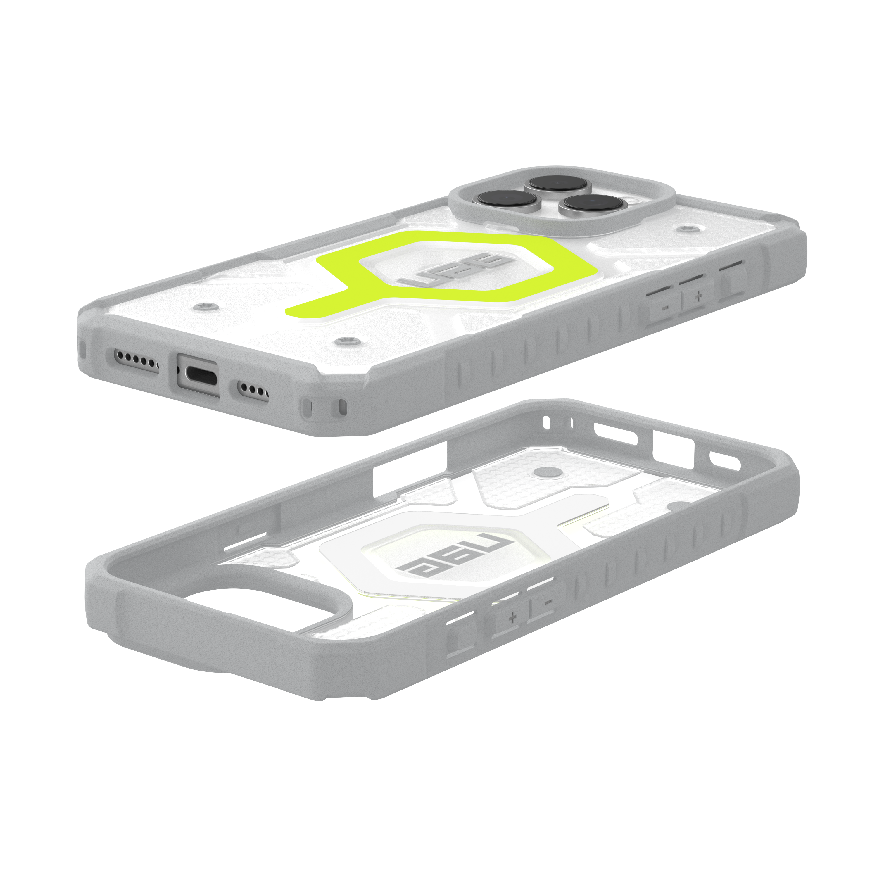 Custodia per telefono in due pezzi, grigia e trasparente. Design verde neon.