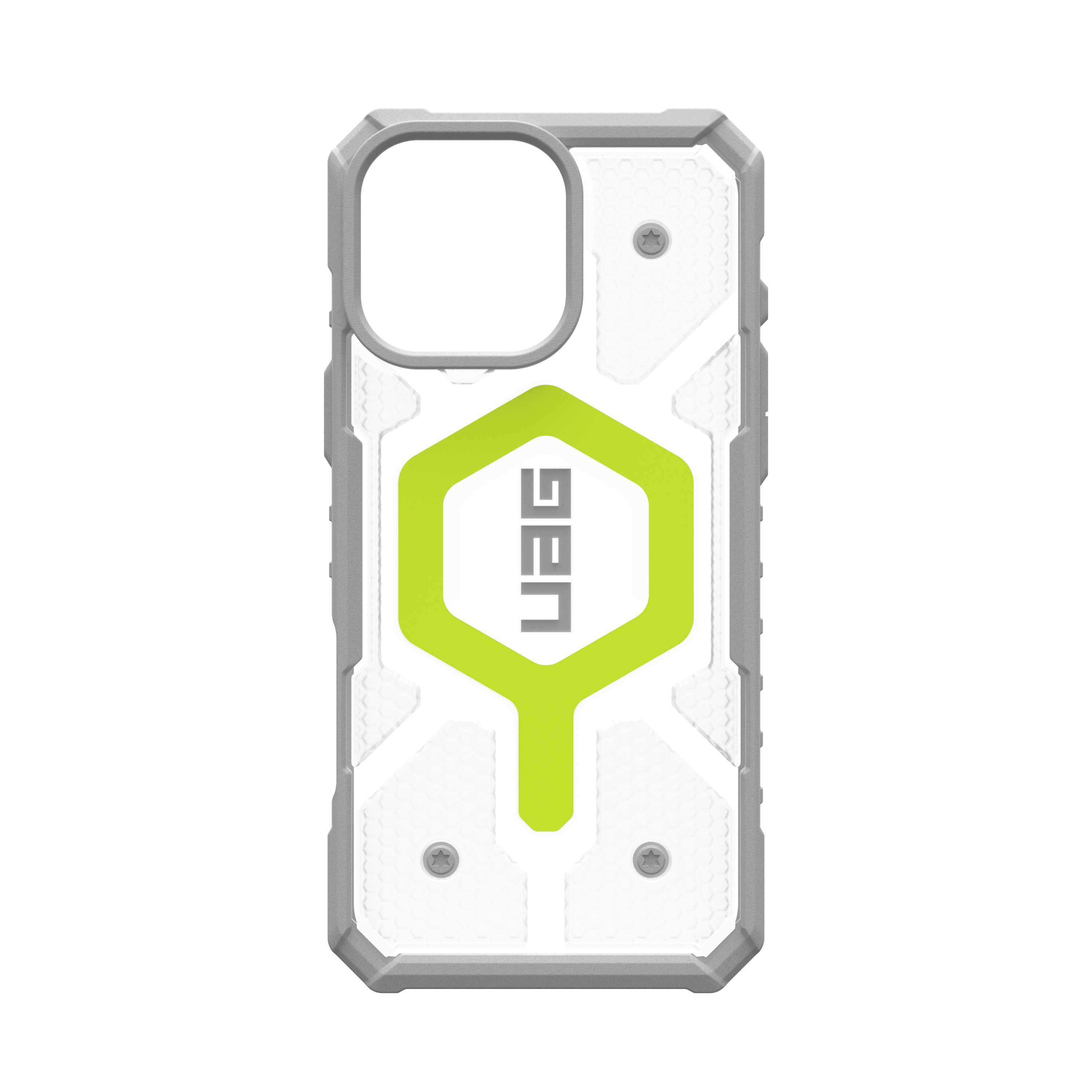 Una custodia per telefono bianca e grigia con un esagono verde e il logo UAG su sfondo nero.