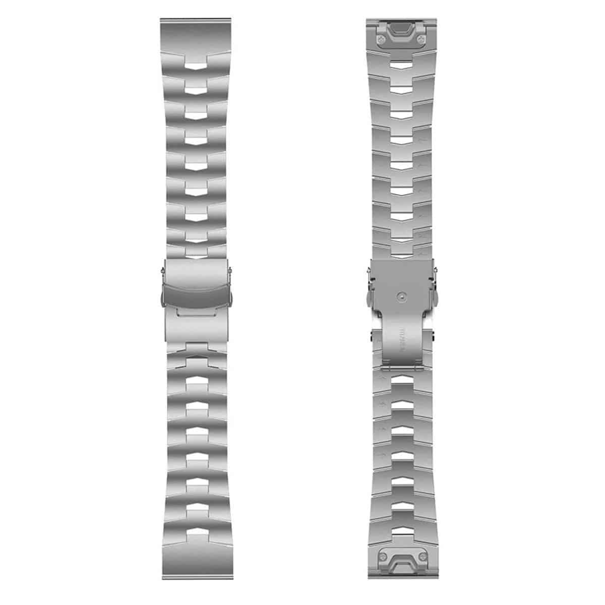 Zwei silberne Uhrenarmbänder mit Metallverschluss. Die Bänder haben ein kettenartiges Design.