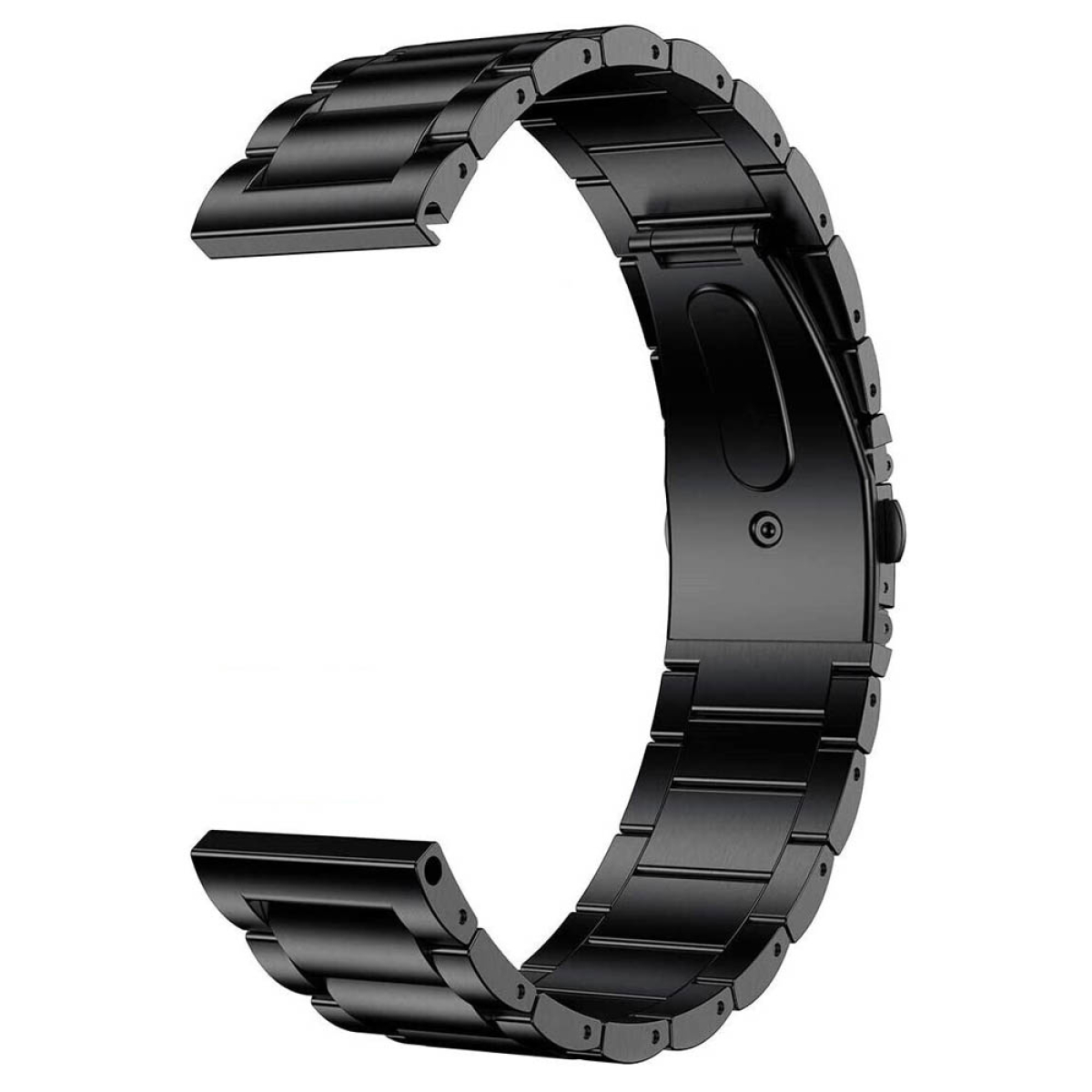 Ein schwarzes Uhrenarmband, das eine gebogene Form mit mehreren Metallgliedern zeigt.