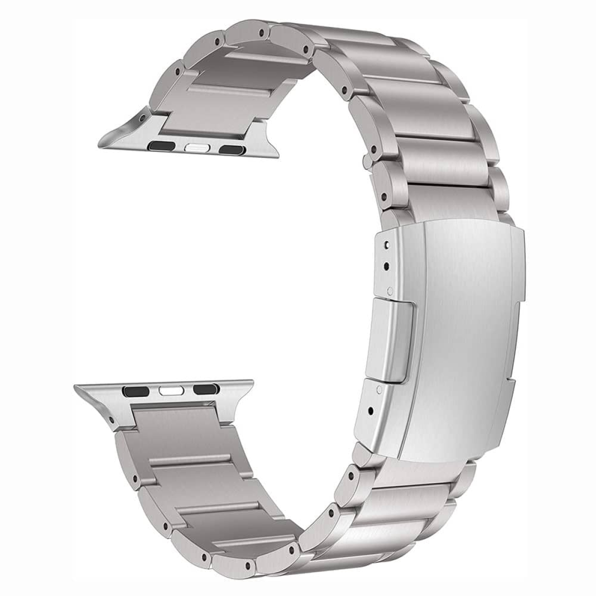 Ein silbernes Uhrenarmband aus Metallgliedern für eine Smartwatch.