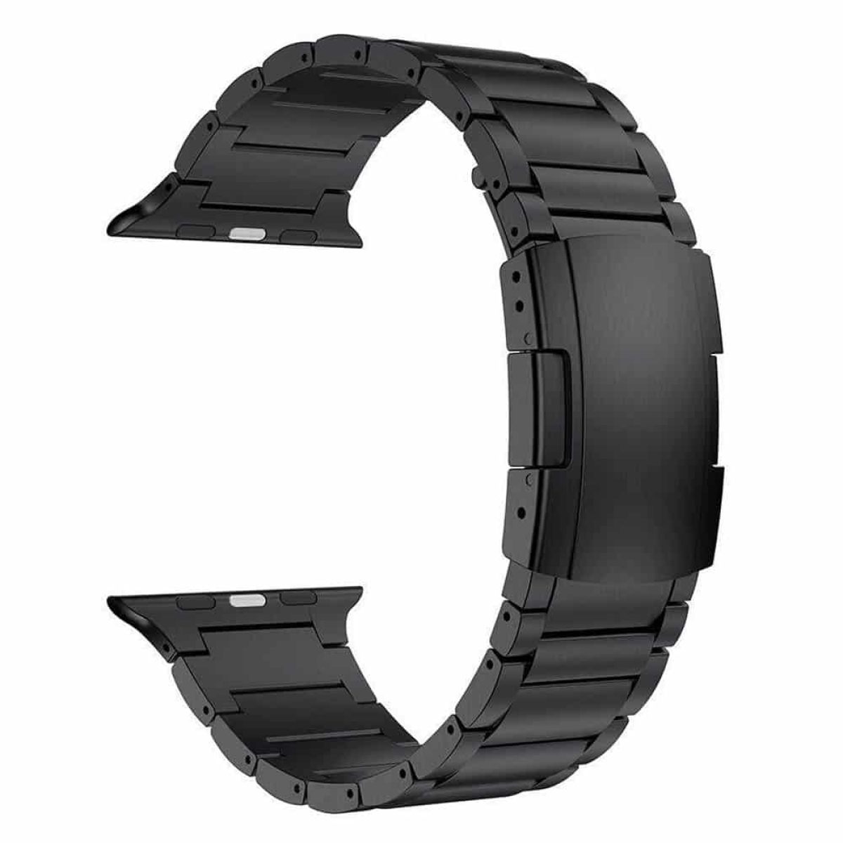 Schwarzes Armband in gebogener Form auf weißem Hintergrund.