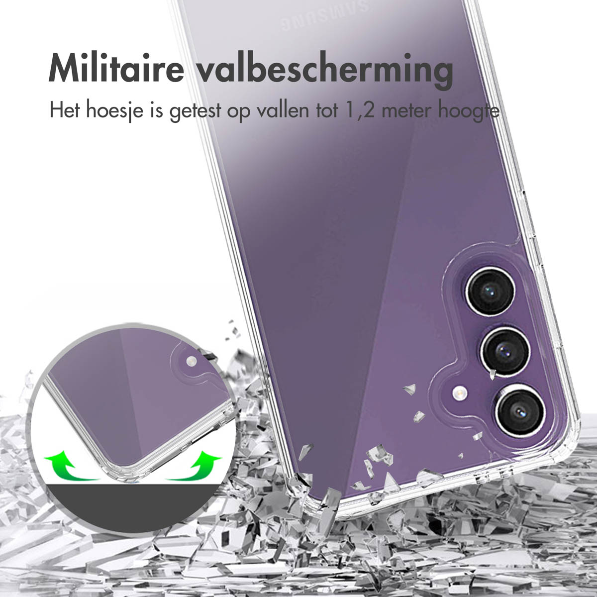 Ein Telefon mit Schutzhülle wird mit Grafiken zur Stoßfestigkeit gezeigt.