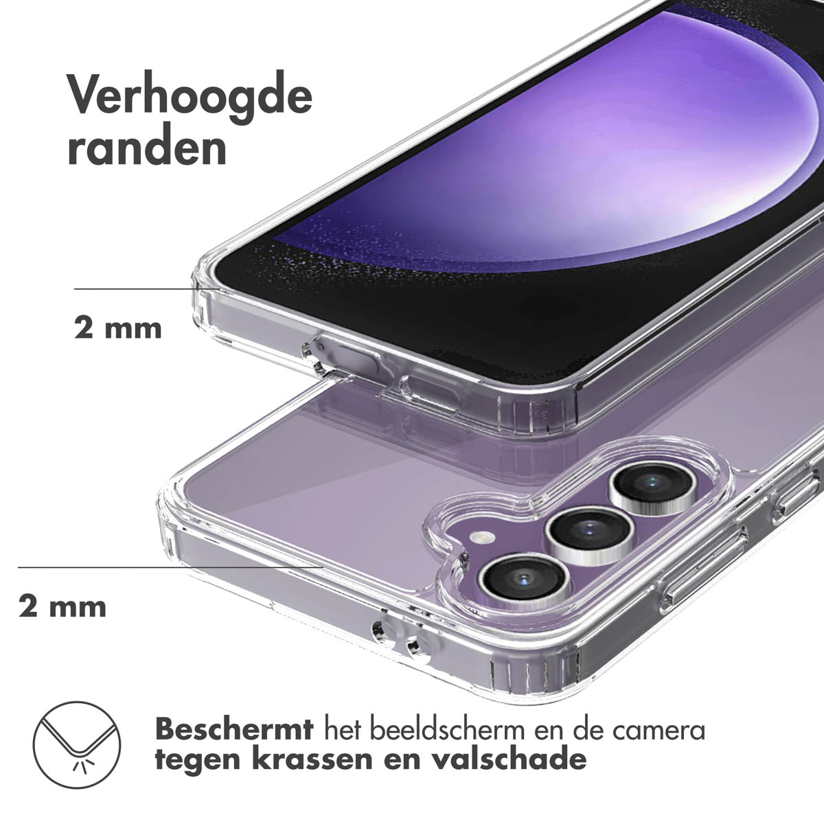 Eine transparente Handyhülle mit Telefon. Text beschreibt 2 mm erhöhte Kanten zum Schutz.