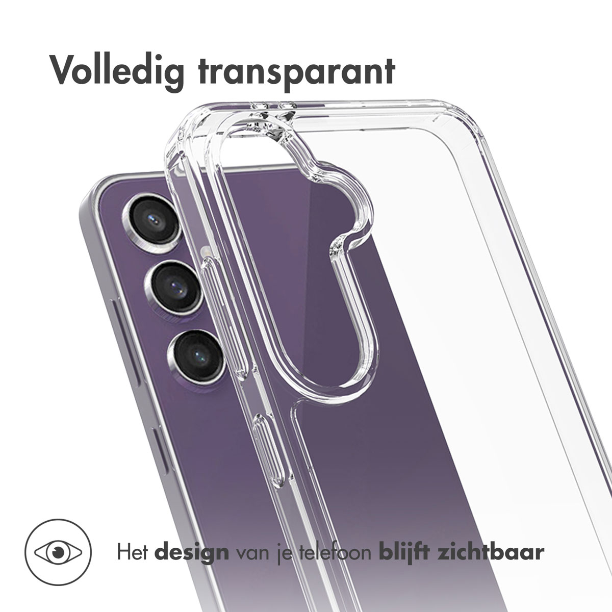 Transparente Handyhülle auf einem lila Telefon. Die Hülle ist klar und zeigt das Design des Telefons.
