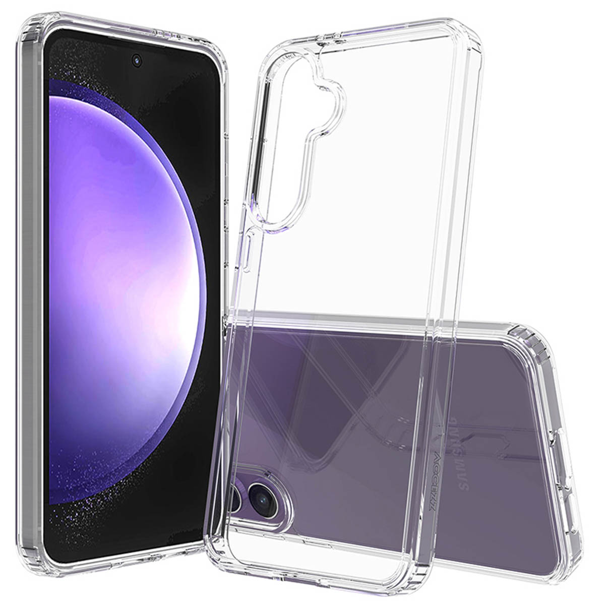 Eine transparente Handyhülle mit einem Handy darin. Das Handy hat einen lila Bildschirm.