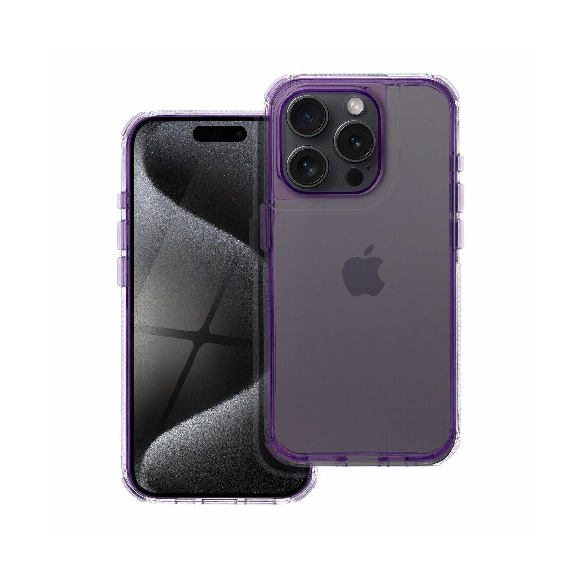 iPhone 14 Pro viola con custodia trasparente viola, con protezione schermo, su bianco.