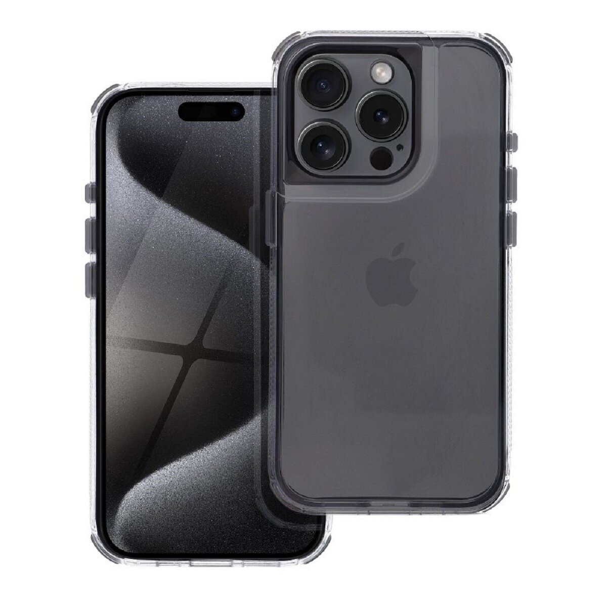 Un iPhone in una custodia trasparente, che mostra la parte anteriore e posteriore, sfondo bianco.
