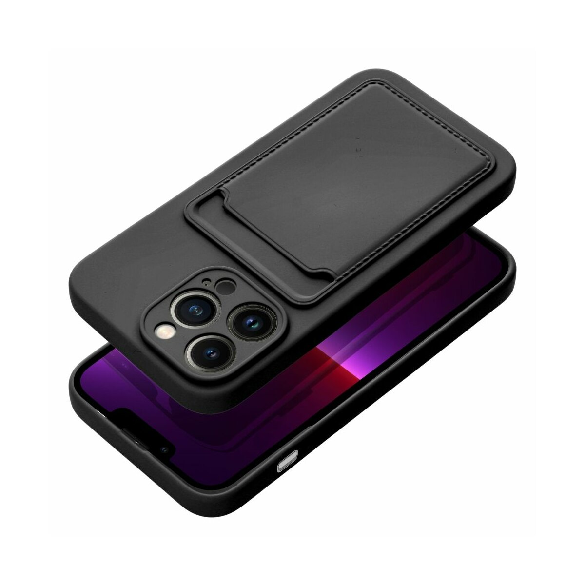 Custodia nera con porta carte, che copre un telefono con schermo viola.