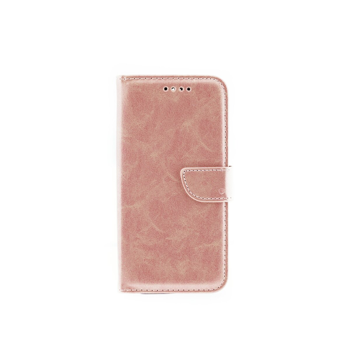 Una custodia per telefono in pelle rosa. Ha una patta con chiusura magnetica e alcuni fori.