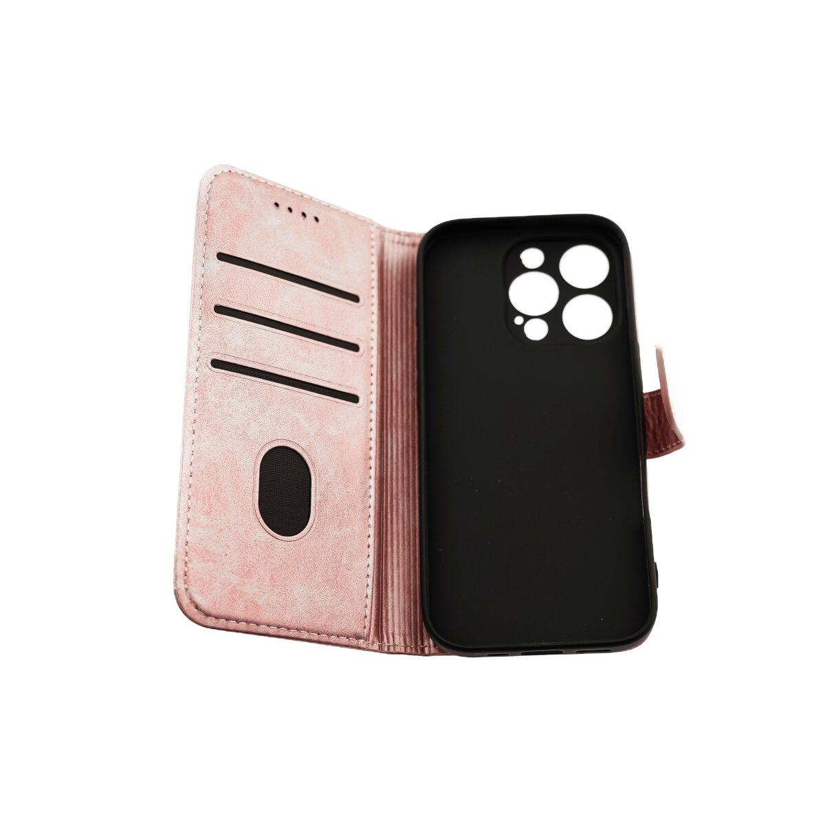 Custodia per telefono rosa a portafoglio, aperta per rivelare il supporto e gli slot.