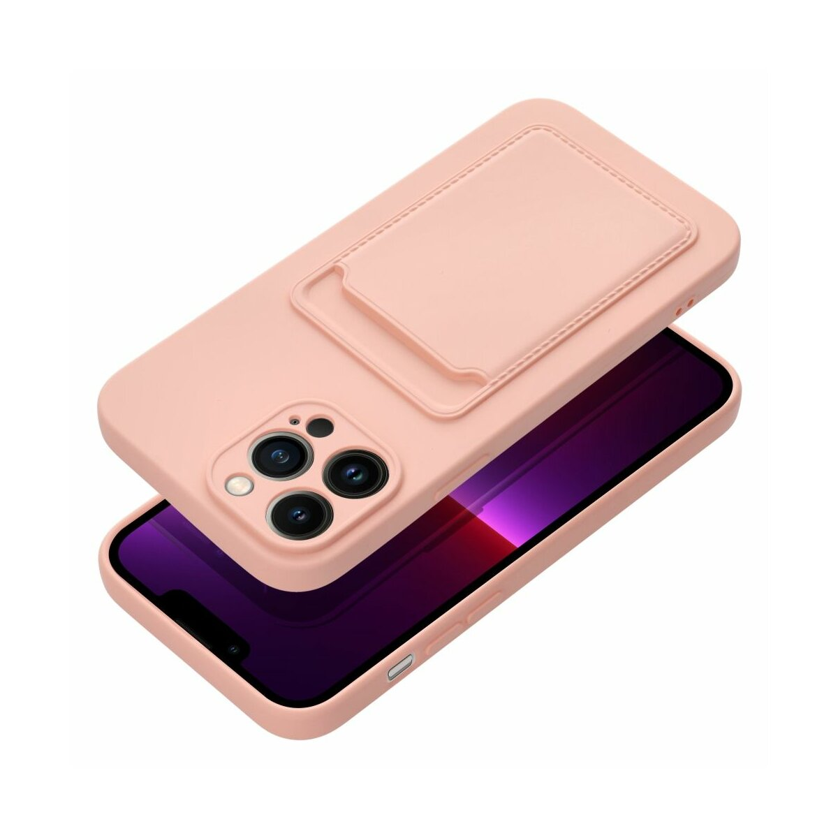 Custodia per telefono rosa con porta carte. Il telefono è dentro. Lo sfondo è bianco. La custodia è leggermente angolata.
