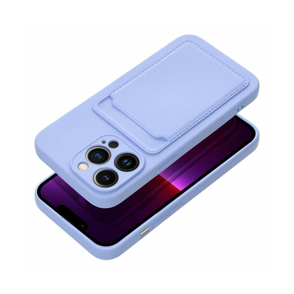 Custodia per telefono lilla chiaro con porta carte. Il telefono è dentro. Lo sfondo è bianco. La custodia è angolata.